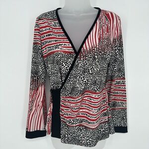 Joseph Ribkoff Women's Sz 8 V-Neck Faux Wrap Top Metallic Threading Animal Print